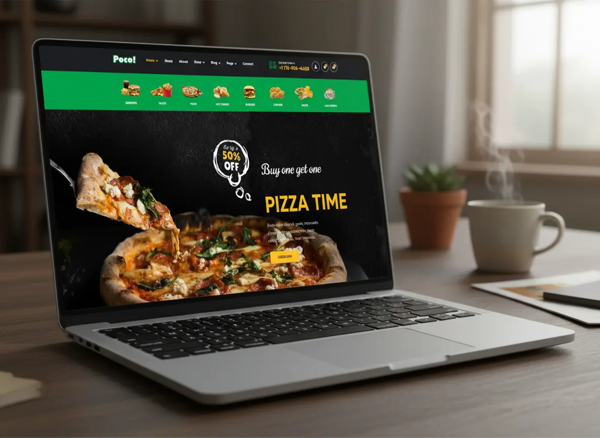 Pizza restaurant website on a laptop