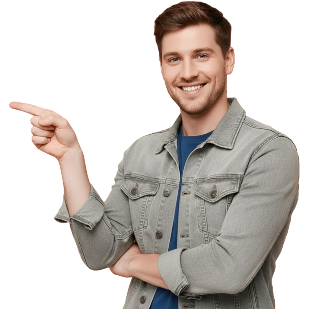 Smiling man pointing left