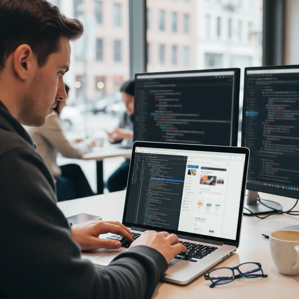Developer coding on a laptop with dual monitors